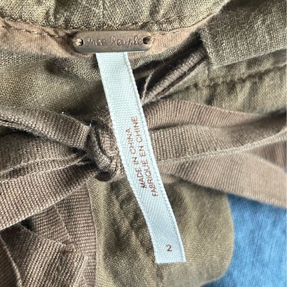 FREE PEOPLE Brown Linen Drawstring Cropped Trousers Boho Office Travel Work Sz 2 - Picture 2 of 10